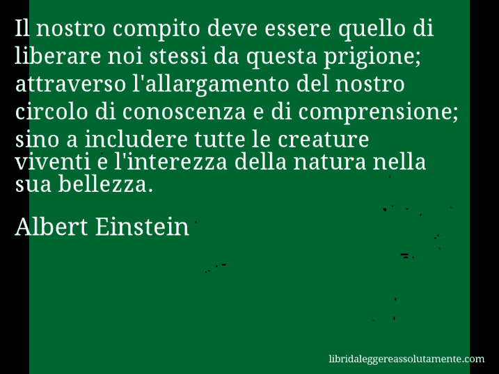 Aforisma di Albert Einstein : Il nostro compito deve essere quello di liberare noi stessi da questa prigione; attraverso l'allargamento del nostro circolo di conoscenza e di comprensione; sino a includere tutte le creature viventi e l'interezza della natura nella sua bellezza.