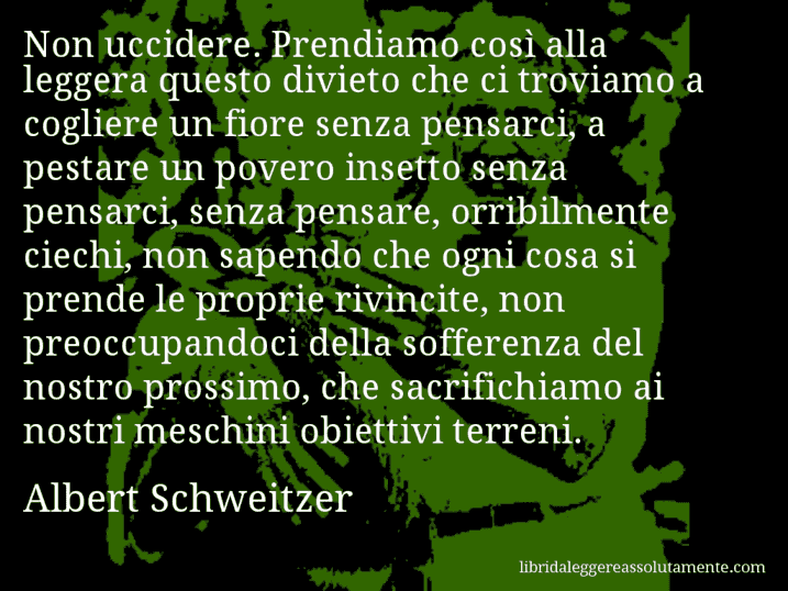 Aforisma di Albert Schweitzer : Non uccidere. Prendiamo così alla leggera questo divieto che ci troviamo a cogliere un fiore senza pensarci, a pestare un povero insetto senza pensarci, senza pensare, orribilmente ciechi, non sapendo che ogni cosa si prende le proprie rivincite, non preoccupandoci della sofferenza del nostro prossimo, che sacrifichiamo ai nostri meschini obiettivi terreni.