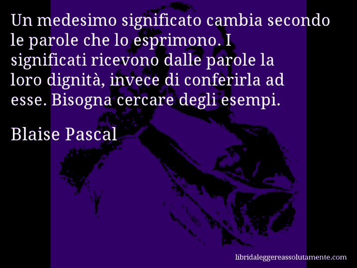 Aforisma di Blaise Pascal : Un medesimo significato cambia secondo le parole che lo esprimono. I significati ricevono dalle parole la loro dignità, invece di conferirla ad esse. Bisogna cercare degli esempi.