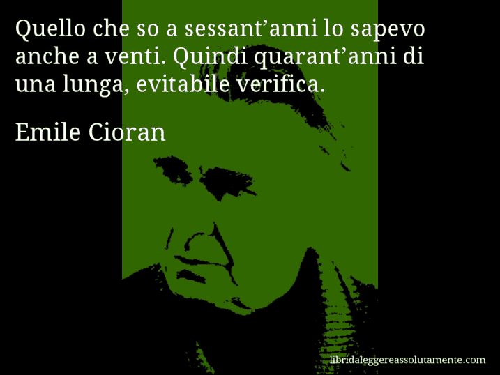 Aforisma di Emile Cioran : Quello che so a sessant’anni lo sapevo anche a venti. Quindi quarant’anni di una lunga, evitabile verifica.