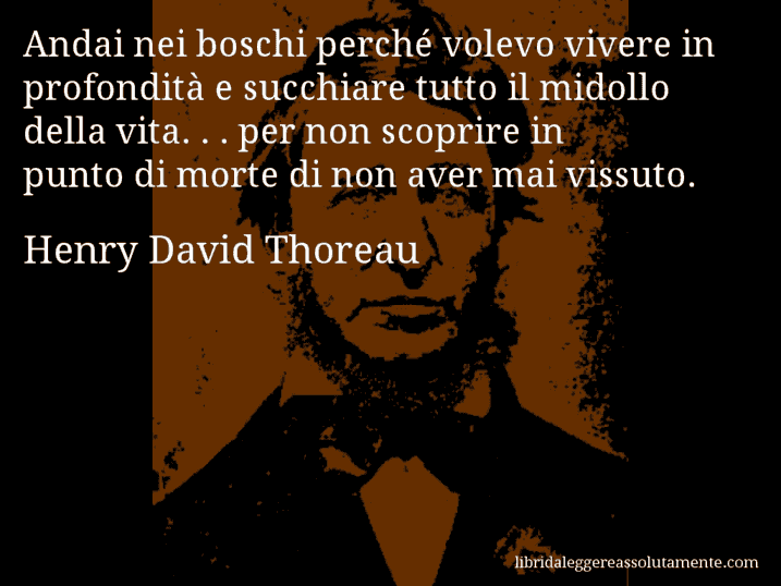 Aforisma di Henry David Thoreau : Andai nei boschi perché volevo vivere in profondità e succhiare tutto il midollo della vita. . . per non scoprire in punto di morte di non aver mai vissuto.