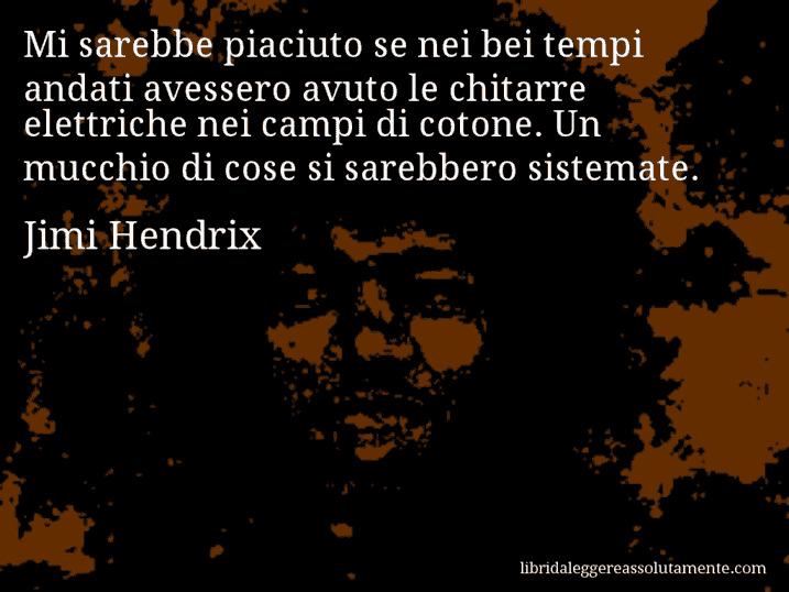 Aforisma di Jimi Hendrix : Mi sarebbe piaciuto se nei bei tempi andati avessero avuto le chitarre elettriche nei campi di cotone. Un mucchio di cose si sarebbero sistemate.