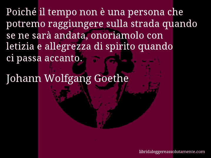 Aforisma di Johann Wolfgang Goethe : Poiché il tempo non è una persona che potremo raggiungere sulla strada quando se ne sarà andata, onoriamolo con letizia e allegrezza di spirito quando ci passa accanto.