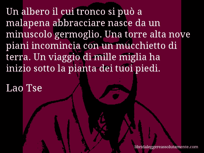 Aforisma di Lao Tse : Un albero il cui tronco si può a malapena abbracciare nasce da un minuscolo germoglio. Una torre alta nove piani incomincia con un mucchietto di terra. Un viaggio di mille miglia ha inizio sotto la pianta dei tuoi piedi.