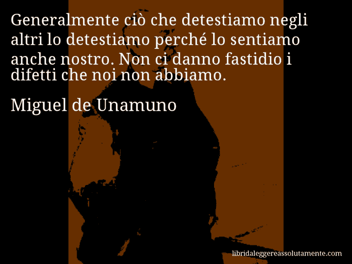 Aforisma di Miguel de Unamuno : Generalmente ciò che detestiamo negli altri lo detestiamo perché lo sentiamo anche nostro. Non ci danno fastidio i difetti che noi non abbiamo.