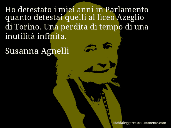 Aforisma di Susanna Agnelli : Ho detestato i miei anni in Parlamento quanto detestai quelli al liceo Azeglio di Torino. Una perdita di tempo di una inutilità infinita.